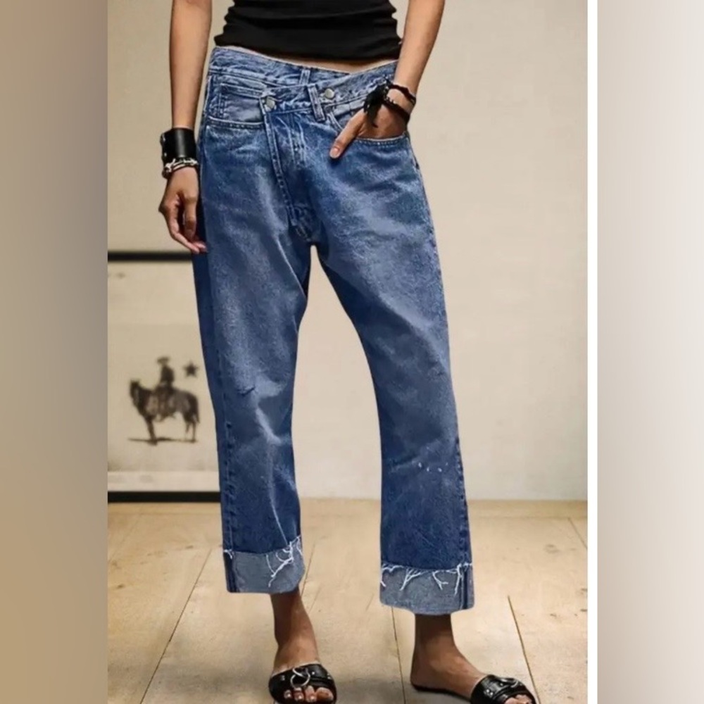 Flamingals Wash Ripped Raw Roll Hem High Rise Straight Leg Jeans Small NWT